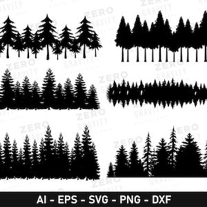 May include: Four different silhouette images of pine forests. Each image shows a row of pine trees with varying heights and densities. The images are black against a white background.