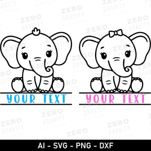 May include: Two black and white outline illustrations of elephants, one with a pink bow and the other with a blue crown. Both elephants are sitting with their legs crossed and have the text "YOUR TEXT" below them.