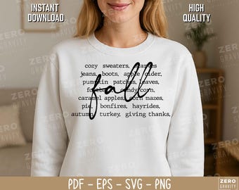 Pode incluir: Um moletom branco com a palavra "fall" em fonte cursiva, rodeado por palavras temáticas de outono como "cozy sweaters", "pumpkin patches" e "giving thanks". A imagem também inclui o texto "Instant Download", "High Quality" e opções de tipo de arquivo.