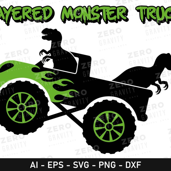 Dinosaur Svg and Monster Truck Sublimation, Layered T Rex Svg & Monster Truck Cut File, Kids Svg Clipart, Dino Silhouette with Monster Truck