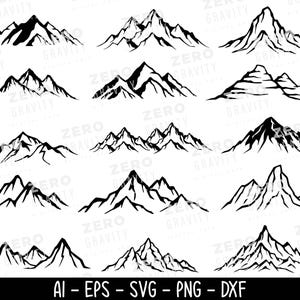 Puede incluir: Una colección de ilustraciones de montañas en blanco y negro de varias formas. Los diseños presentan picos y valles irregulares, adecuados para proyectos de arte digital. La parte inferior de la imagen incluye el texto "AI - EPS - SVG - PNG - DXF".