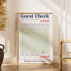 May include: A rectangular wall art print featuring a vintage-style restaurant guest check design. The print has a pale green background with dark blue text reading Guest Check and Thank you! Please come again, plus red numbers 518328.