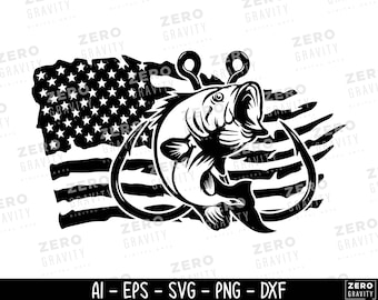 Pesca al black bass con bandiera americana in formato SVG, file di taglio con pescatore patriottico (download digitale)