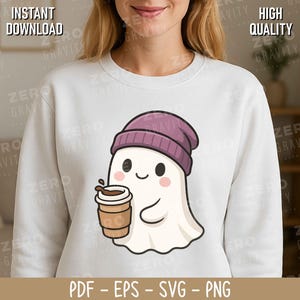 Halloween Cute Ghost Svg with Coffee Mug, Cute Ghost Png, Halloween Shirt Svg, Funny Ghost Svg, Fall Png, Cute Spooky Svg, Trending Png