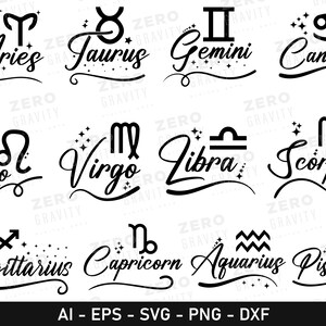 Dierenriem Svg-bundel, digitale download Zodiac Shirt Svg, Zodiac Clipart, Zodiac Svg Cut-bestand, horoscoop en astrologie Svg, sublimatie Svg Png