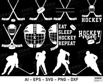 May include: A set of 10 black and white hockey-themed SVG cut files. The designs include hockey sticks, pucks, helmets, and text that says "Hockey", "Hockey Mom", and "Eat Sleep Hockey Repeat".