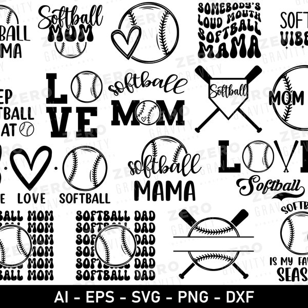 Lot de Svg de softball, fichier coupe Svg de maman de softball, Png de softball, fichiers Svg de softball pour Cricut, softball maman chemise Svg, cliparts de softball