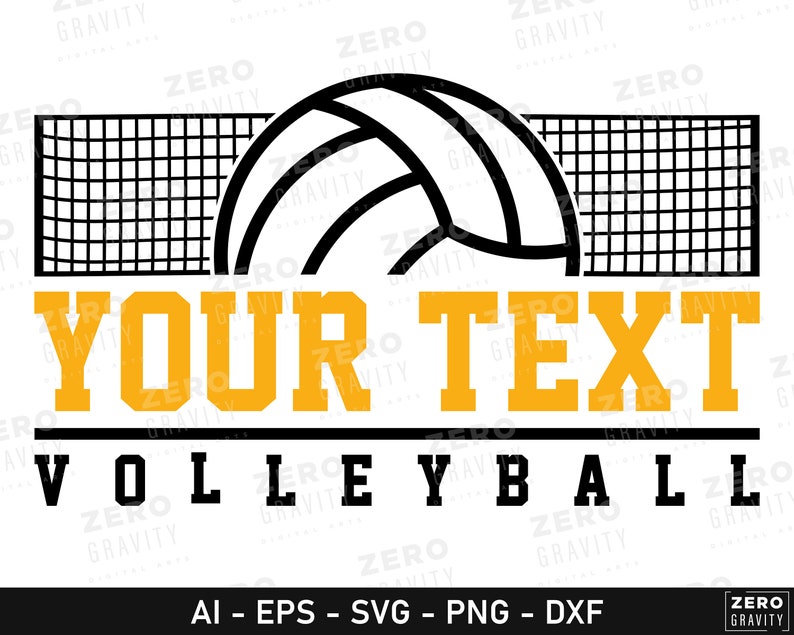 May include: A black and white volleyball with a net behind it. The text "YOUR TEXT" is in yellow letters above the word "VOLLEYBALL" in black letters.