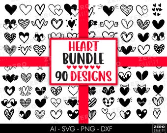May include: A set of 90 black and white heart designs. The hearts are in various styles, including simple, ornate, and whimsical. The text "HEART BUNDLE 90 DESIGNS" is displayed in a red box.