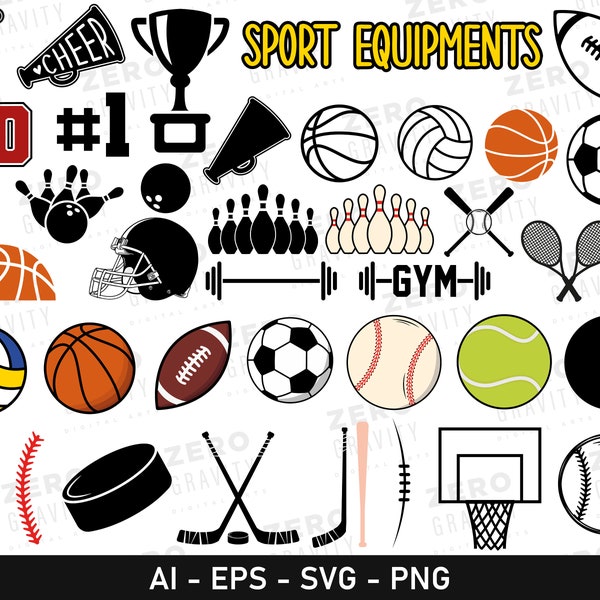 Sport Balls SVG Bundle, Instant Download Sports Supplies Football - Basketball - Baseball - Soccer - Tennis - Volleyball - Hockey - Bowling