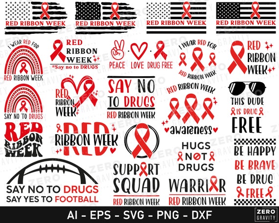 Red Ribbon Week Svg Bundle, Say No to Drugs Svg, Support Squad Svg, Red Ribbon Svg with USA Flag, Peace Love Drug Free Svg, Be Happy Svg