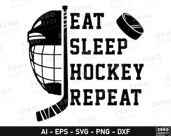 Eat Sleep Hockey Repeat Svg for Crafts & DIY Projects, Digital Download Half Hockey Helmet with Ice Hockey Stick and Puck Svg Cut File