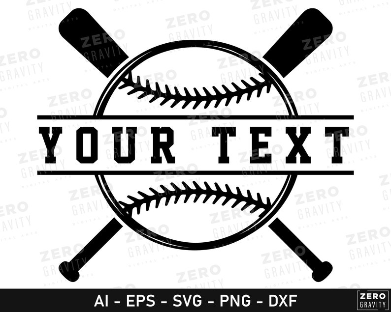 K&ouml;nnte beinhalten: Schwarzwei&szlig;es Baseball-Logo mit zwei gekreuzten Schl&auml;gern. Der Baseball hat N&auml;hte und der Text "YOUR TEXT" wird auf einem Banner angezeigt.