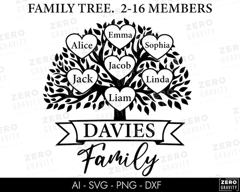 May include: Black and white silhouette of a family tree with heart-shaped leaves. The tree has a banner with the text "DAVIES Family" at the bottom. The hearts have names written inside: Alice, Emma, Sophia, Jack, Jacob, Linda, and Liam.