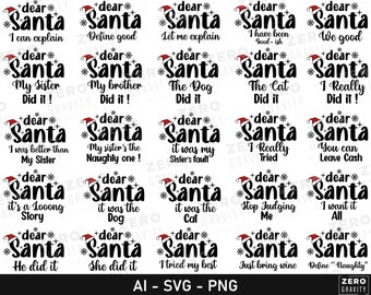 Paquete de SVG de "Querido Papá Noel", 50 SVG de "Querido Papá Noel" para Navidad, Ideas para combinar camisetas navideñas SVG, Divertidos SVG navideños, Citas de "Querido Papá Noel" en formato PNG
