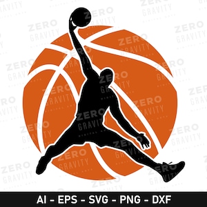 Silhouette de joueur de basket-ball avec le ballon en téléchargement numérique, basket-ball SVG pour chemises, tasses, sweats à capuche et plus, basket-ball png, cadeaux de sport