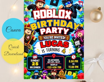 Roblox Invitation, Roblox Invite, Game Party, Roblox Boys Birthday Invitation Template, Game Birthday, Kids Roblox, Canva