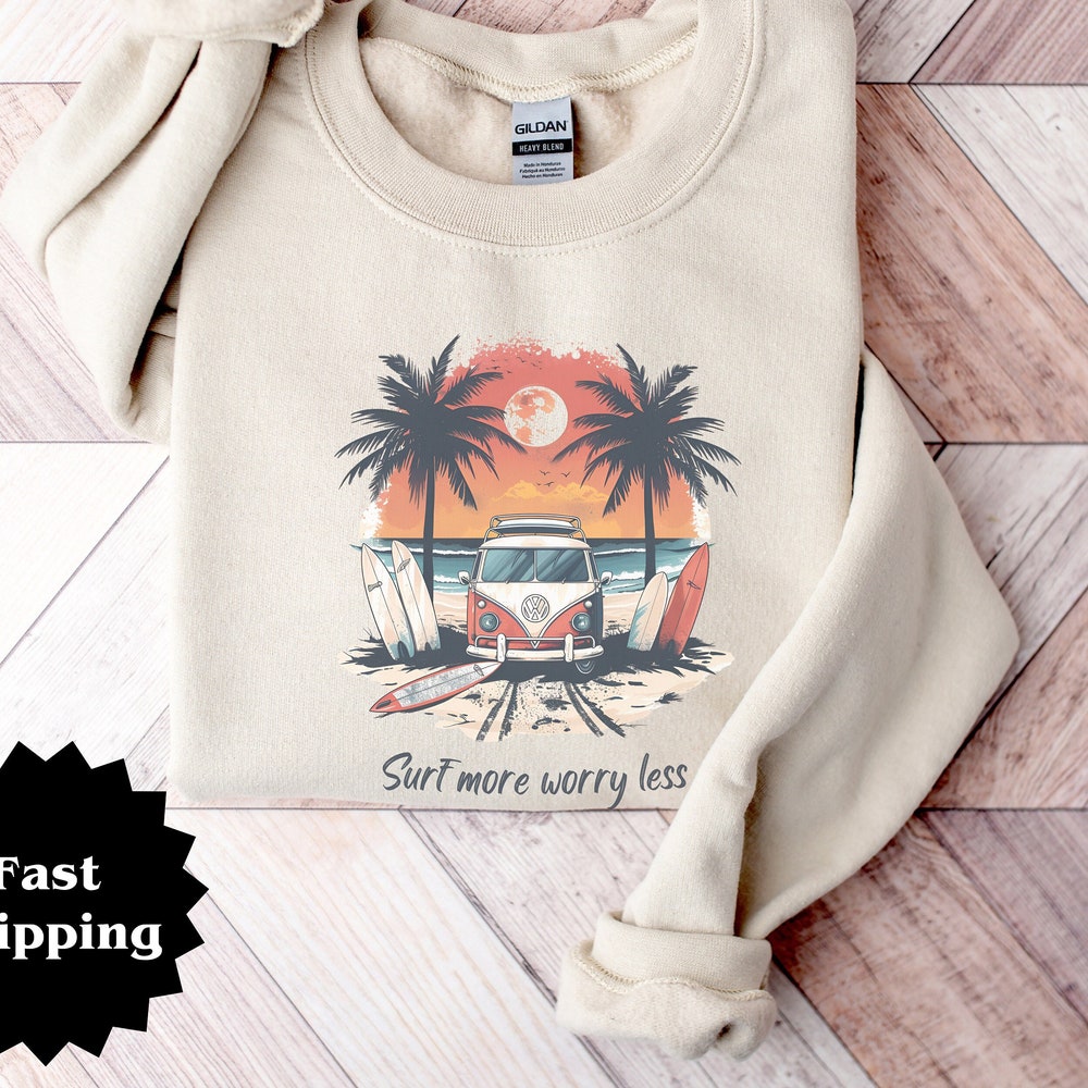 Surfer Sweatshirt, Volkswagen Sweatshirt, Beach Sweatshirt, Surf Lover Sweatshirt, Palm Tree Sweatshirt, Sunset Sweatshirt