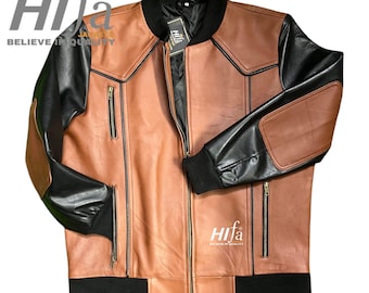 May include: A brown and black leather bomber jacket with a zip-up front. The jacket features black sleeves and a black ribbed collar and cuffs. The brand name "Hifa" is visible in the image.