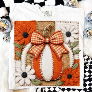 Fall Fabric Pumpkin PNG, Gingham Bow Floral Patchwork, Sublimation Digital File