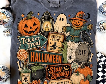 Retro Halloween Collage PNG, Trick or Treat Sublimation Design, Vintage Spooky Digital Download