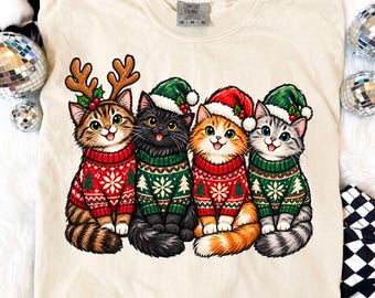 Christmas Cat PNG, Festive Cat Family Retro Holiday Sublimation Design