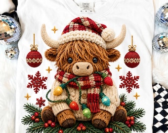 Weihnachtliches Hochlandrind (PNG), niedliches Häkelkühe-Design für die Feiertage, digitale Sublimationsdatei