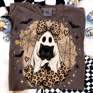 Leopard Ghost Cat PNG | Halloween Coquette Shirt Design | Spooky Bow Graphic