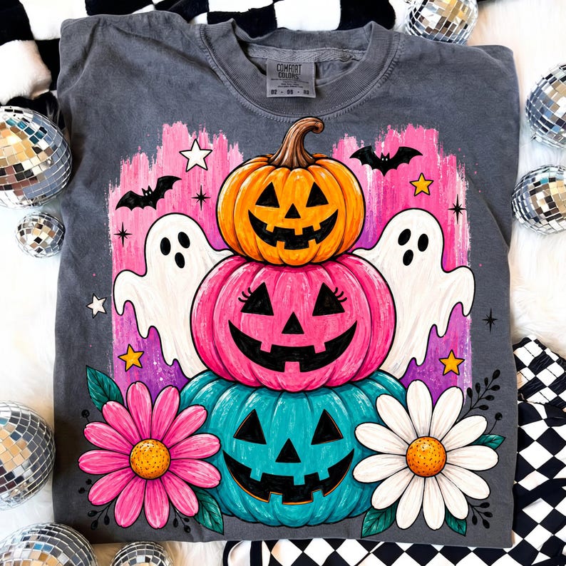 May include: Gray Comfort Colors sweatshirt featuring a stacked pumpkin design with jack-o'-lantern faces in orange, pink, and teal. The design includes white ghosts, bats, stars, and flowers, perfect for Halloween.