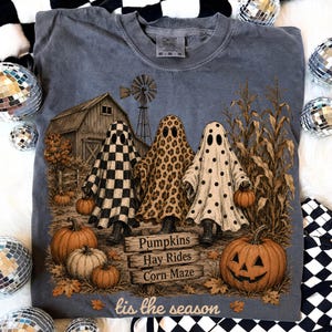 Op de afbeelding: Een antracietgrijs t-shirt met een afbeelding van drie geesten voor een schuur en windmolen. De geesten hebben ruitjes-, luipaard- en stippenpatronen. De tekst luidt: Pumpkins, Hay Rides, Corn Maze en 'tis the season.