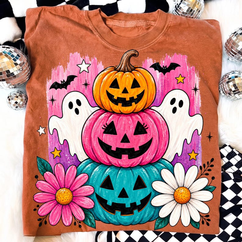 May include: Rust-colored sweatshirt featuring a stacked pumpkin design with jack-o'-lantern faces in orange, pink, and teal. The design includes white ghosts, bats, stars, and flowers, perfect for Halloween.