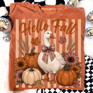 May include: A rust-colored t-shirt featuring a graphic of a white goose wearing a plaid bow, surrounded by pumpkins, sunflowers, and wheat stalks. The text "Hello Fall" is printed in a brown script font above the goose on a striped background.