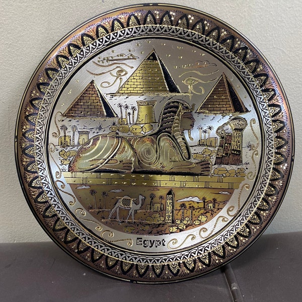 Egyptian Copper Handpainted Plate- Pyramids + Sphinx
