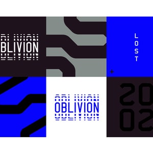 Può includere: Un design astratto in nero e blu con il testo "Lost" e "Oblivion" ripetuto più volte. L'anno "2002" è anche incluso nel design. Il testo "World" è ripetuto quattro volte in blu.