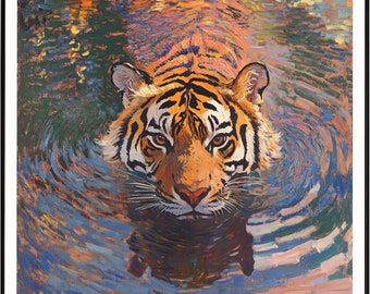 Schwimmender Tiger, kräftige Farben, Tierliebhaber Geschenk, Wohnkultur, moderner Stil, Wohlfühlen, Tiger Wand Kunst Geschenk, Tier Kunst Dekor, Tiger im Wasser