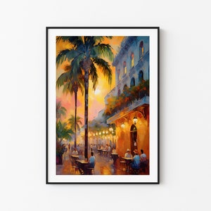 May include: A painting of a street scene with palm trees, a building with a balcony, and people sitting at tables outside a cafe. The sky is a vibrant orange and yellow, and the scene is lit by streetlights.