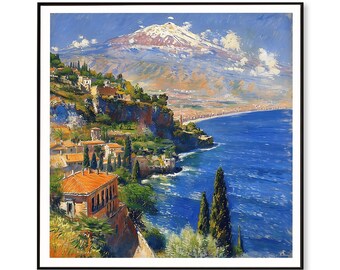 Sicilian Travel Poster, Etna Travel Print, Taormina Poster, Sicily Poster, Taormina Travel Print, Sicily Artwork, Sicily Gift, Italy Gift,