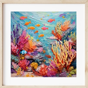 Impresión de arrecife de coral oceánico, sentirse bien, espacio feliz, decoración de pared, colores llamativos, marino, buceo, agua, impresión cuadrada, gran barrera de coral, arte de pared