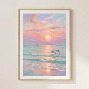 May include: A framed painting depicts a serene ocean scene at sunset. The sky is a blend of pink, orange, and purple hues, with a large sun setting over the water. Two dolphins leap from the waves. A sailboat is visible in the distance.