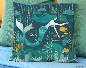 Cojín decorativo de sirena: arte oceánico caprichoso, poliéster hilado