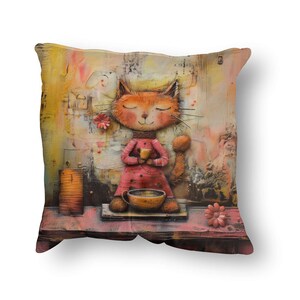 Stunning Relaxing Tea Time Cat Spun Polyester Pillow Case, Rustic Cartoon Style, Different Sizes, Only Cover, Pillow NOT Included