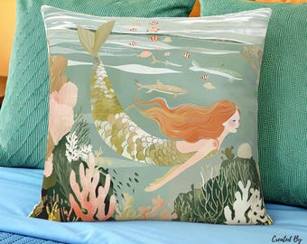 Cojín decorativo de sirena: arte oceánico caprichoso, poliéster hilado