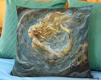 Cojín decorativo de sirena: estilo de pintura al óleo caprichosa, poliéster hilado