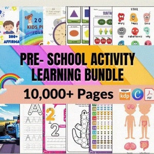 以下が含まれることがあります： 10,000ページ以上の幼児向けアクティビティ学習バンドルを宣伝するカラフルな画像。画像には、文字のなぞり書き、数え方、人体についての学習など、さまざまなアクティビティが示されています。「PRE-SCHOOL ACTIVITY LEARNING BUNDLE」と「10,000+ Pages」のテキストが大きく太字で表示されています。