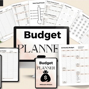 May include: A digital budget planner with a pink and white watercolor background. The planner includes pages for tracking expenses, income, savings, and debt. The text "Budget Planner" is displayed on the cover of the planner.
