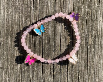 Rose Quartz Butterfly Charm Bracelet: Stretchy Friendship Jewelry