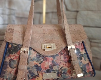 Sac à main en liège et tissu fleuri, Sac bandoulière original fait main, Maroquinerie éco-responsable luxe, Sac chic liège pailleté doré