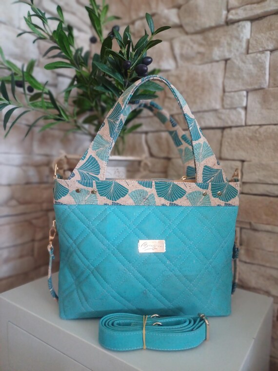Elegant Vegan Teal Leather Women\'s Bag Elegant Vegan Leather & Cotton Tote Bag – Stylish Women main image 4