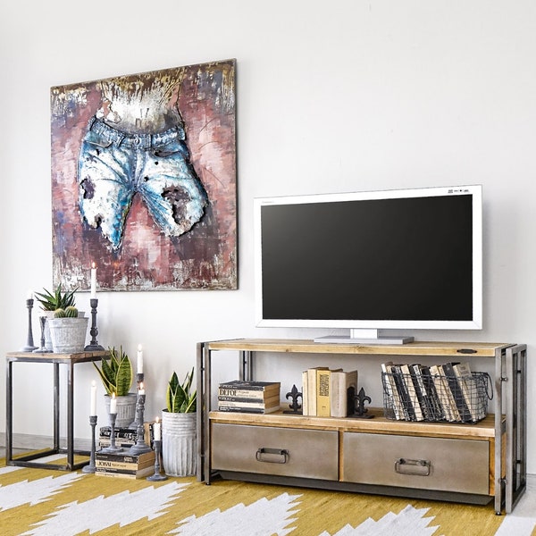 Meuble tv en bois et tiroirs en fer gris