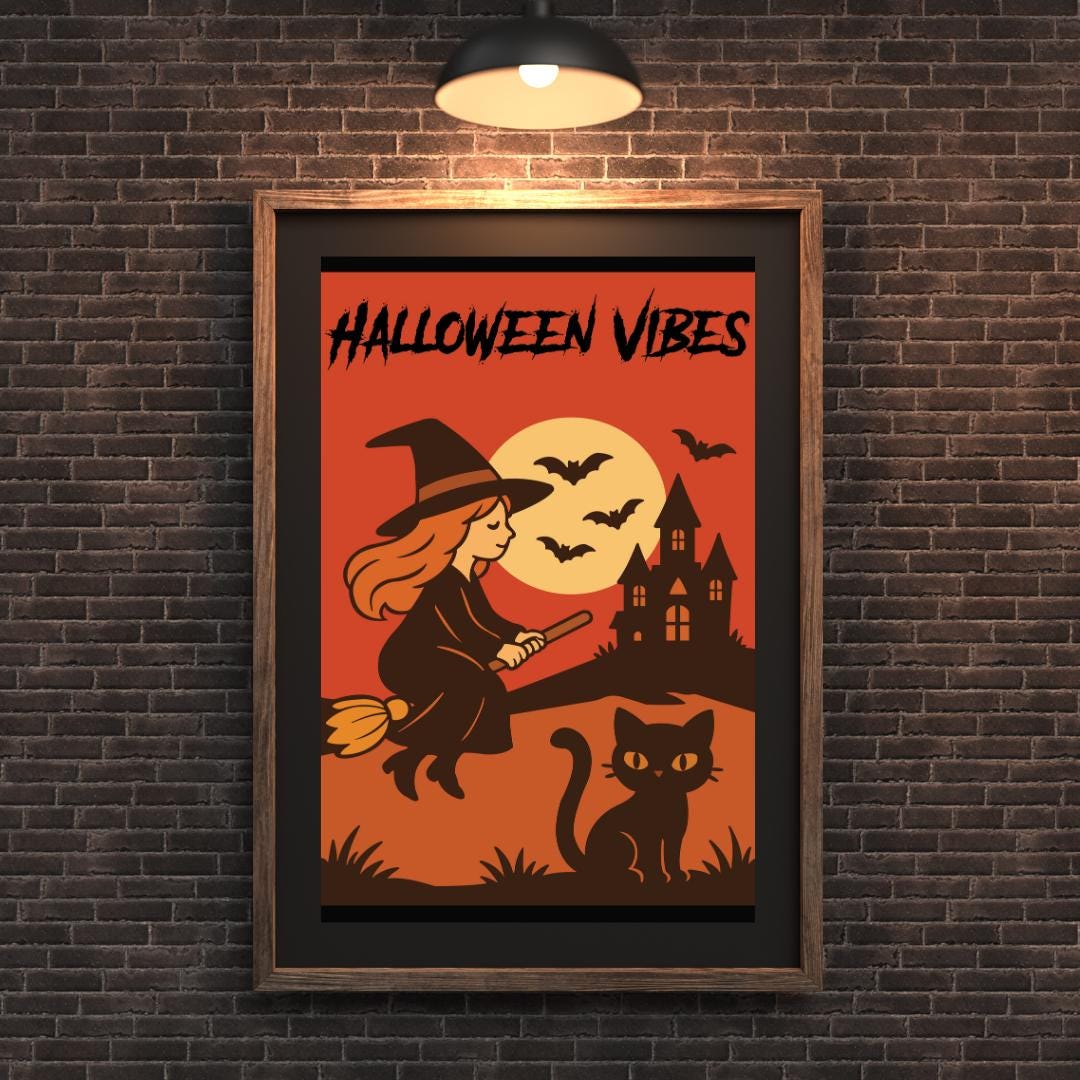 Halloween Vibes Witch & Black Cat Digital Wall Art | Cute Spooky ...